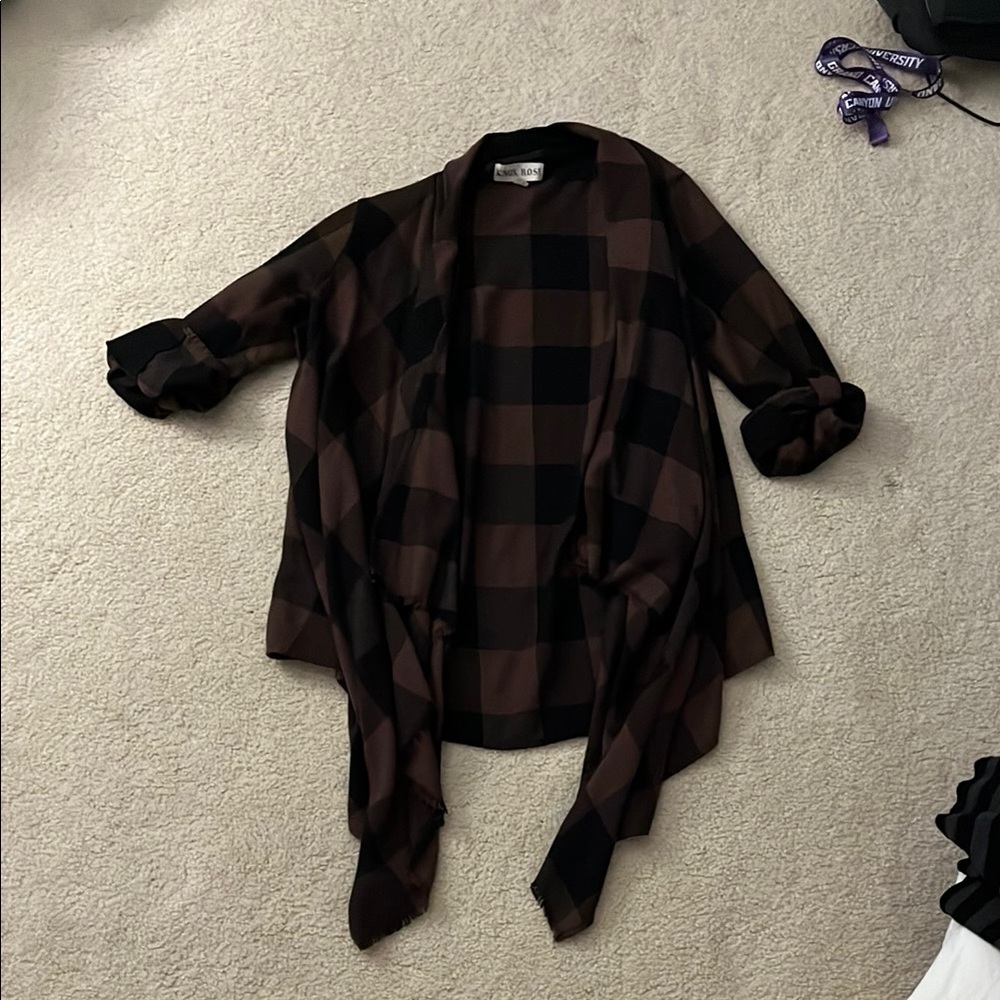 Brown and Black Plaid Open Cardigan